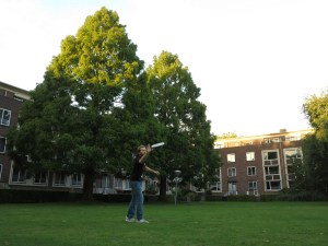 Playing Frisbee in the park that is nestled inside the International Student accommodation.